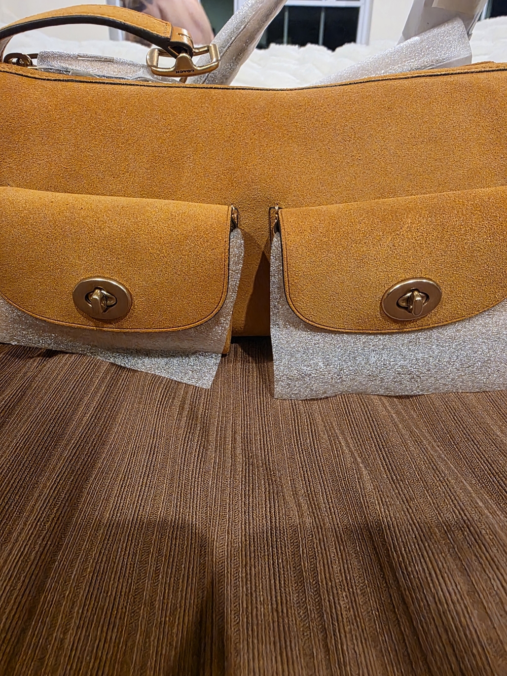 Coach Haversack 27 In Marigold Suede Double-Pocket Shoulder Bag